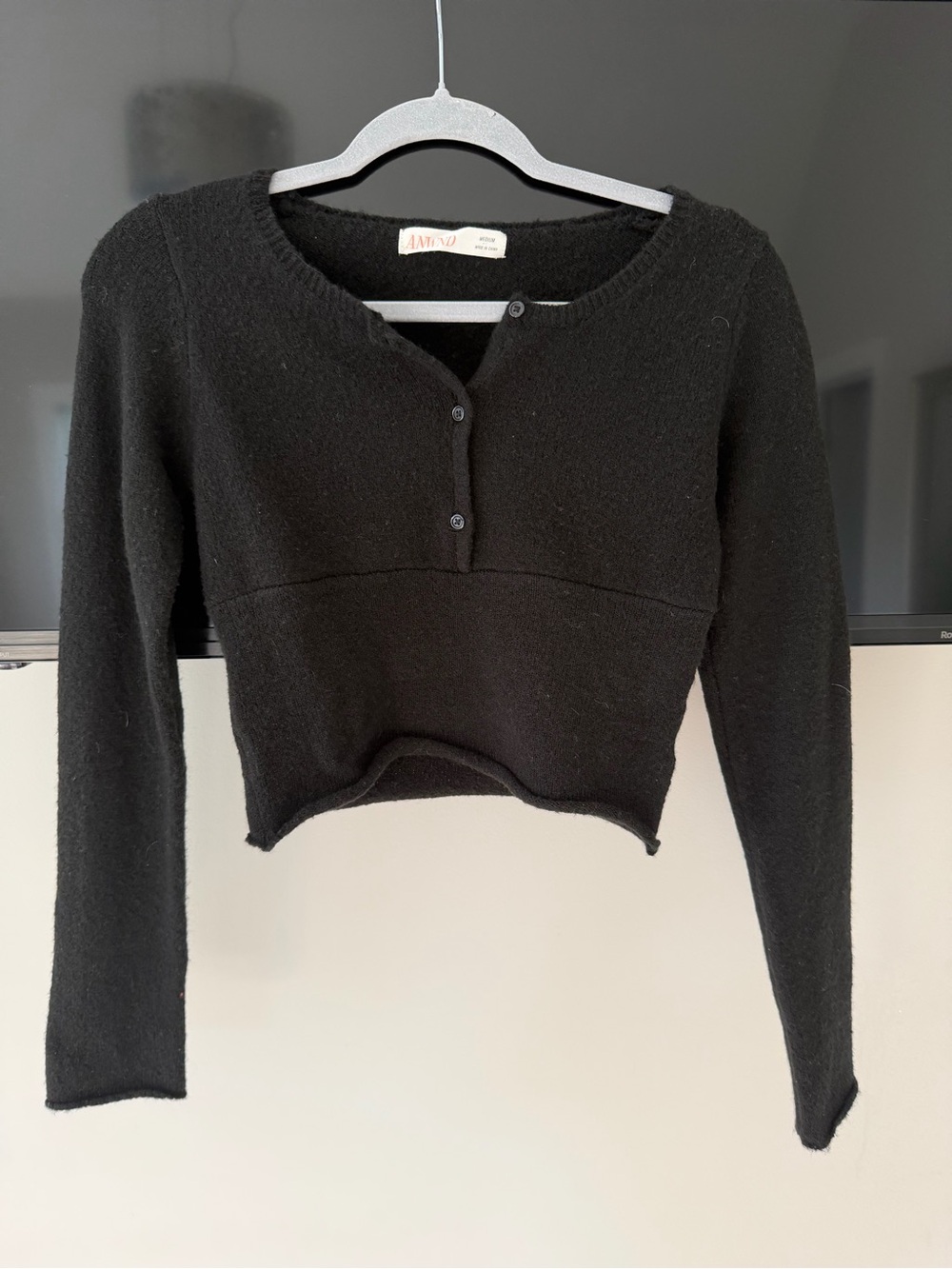 Cropped Black Long-Sleeve Henley Sweater
